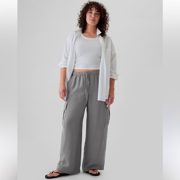 GAP Size XL TALL High Rise Crinkle Texture Pull-On Wide Leg Cargo Pants Grey - Picture 2 of 16